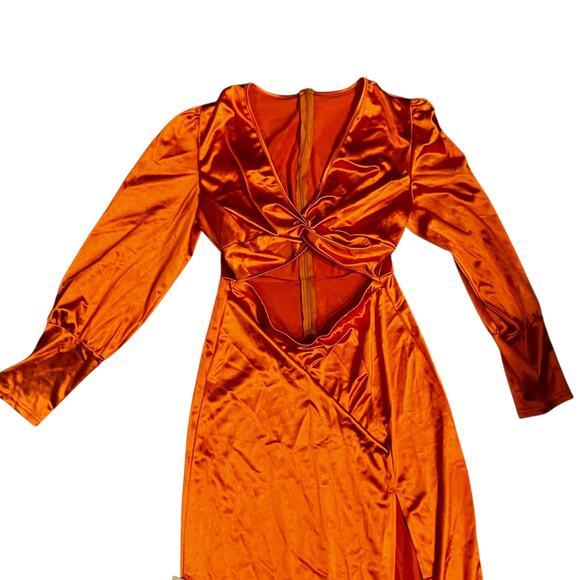 SHEIN Orange Satin Twist-Front Satin Midi Dress L Cutout Long Sleeve Slit - Picture 2 of 10